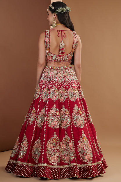 Cherry Red Silk Floral Hand Embroidered Lehenga Set