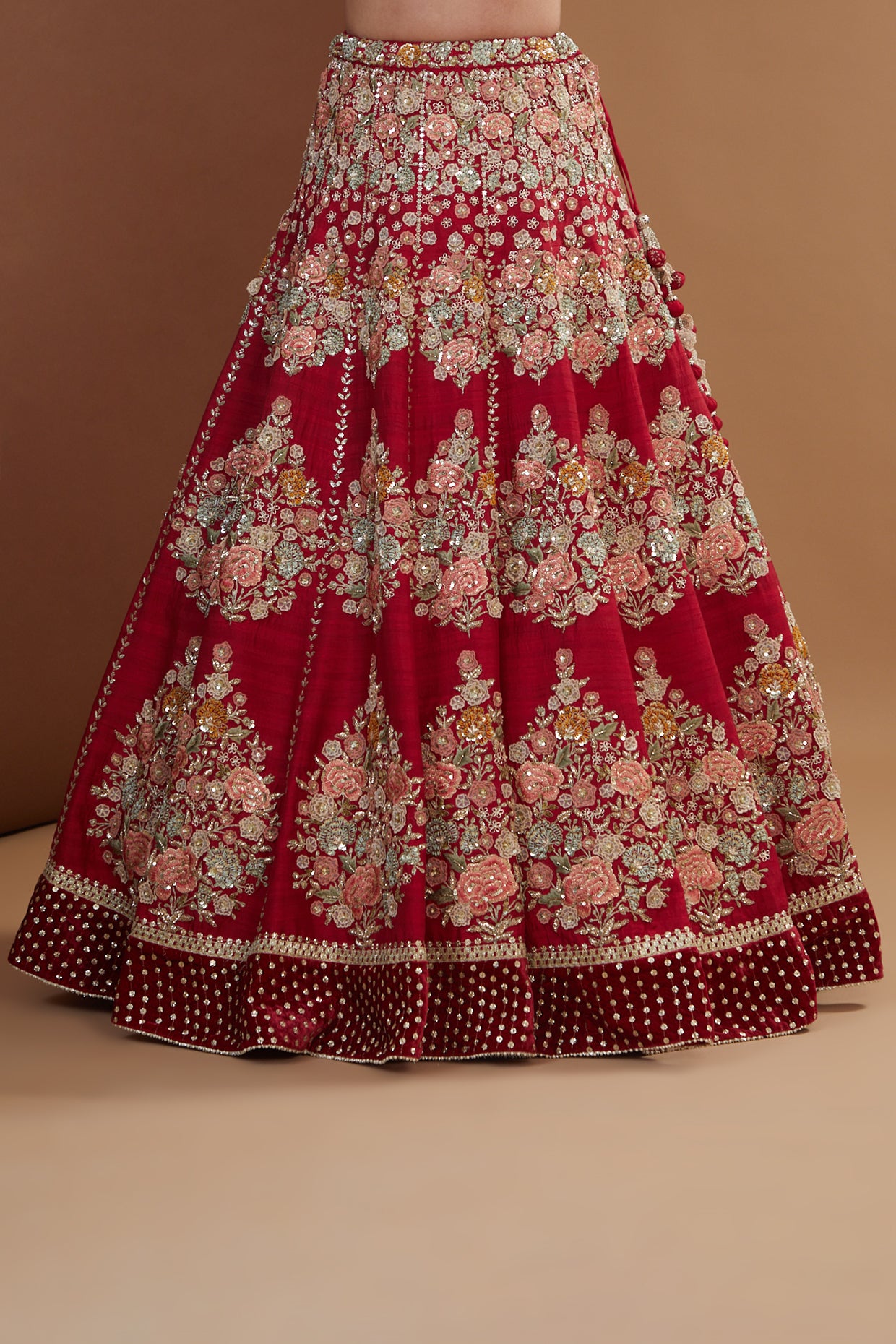 Cherry Red Silk Floral Hand Embroidered Lehenga Set