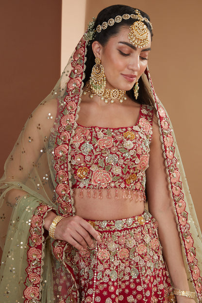 Cherry Red Silk Floral Hand Embroidered Lehenga Set