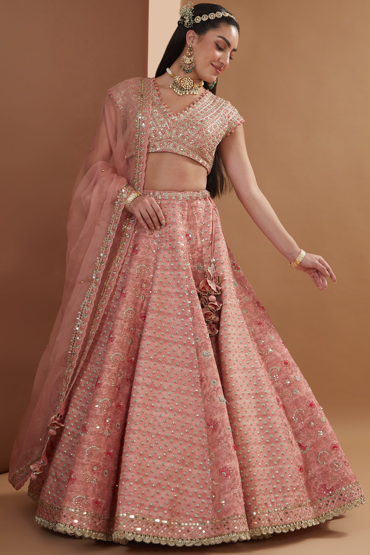 Rose Pink Silk Hand Embroidered Kalidaar Lehenga Set