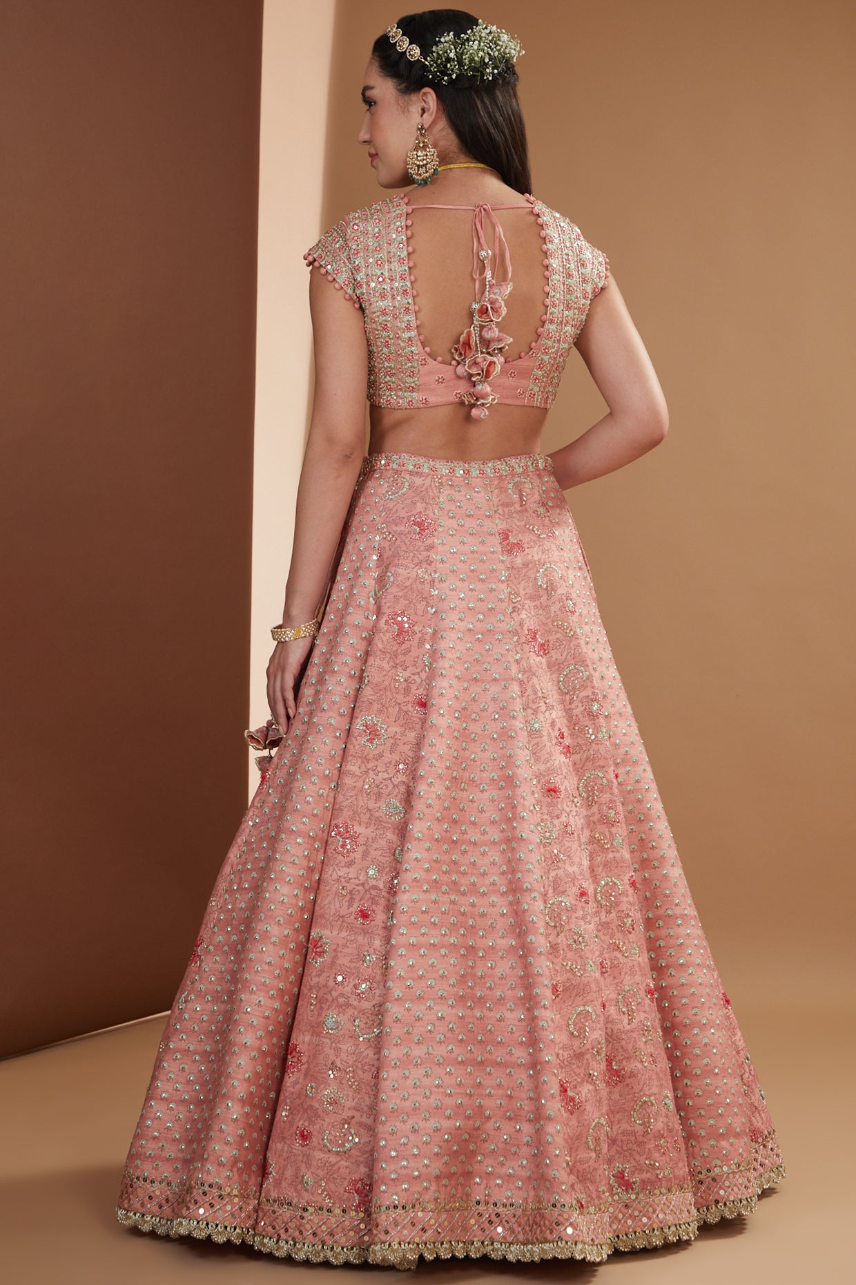 Rose Pink Silk Hand Embroidered Kalidaar Lehenga Set