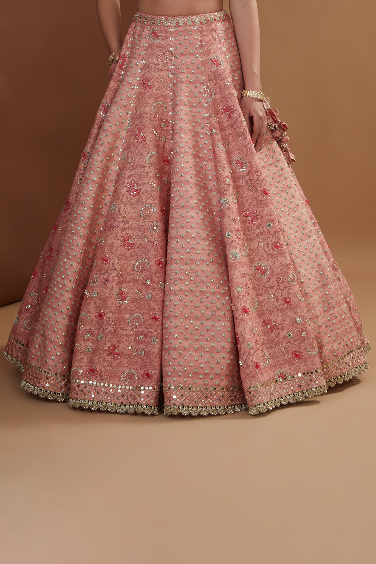 Rose Pink Silk Hand Embroidered Kalidaar Lehenga Set