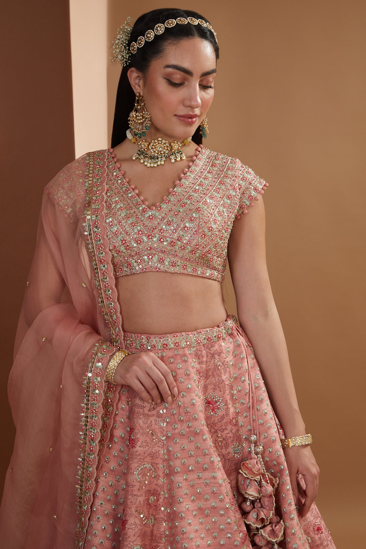 Rose Pink Silk Hand Embroidered Kalidaar Lehenga Set