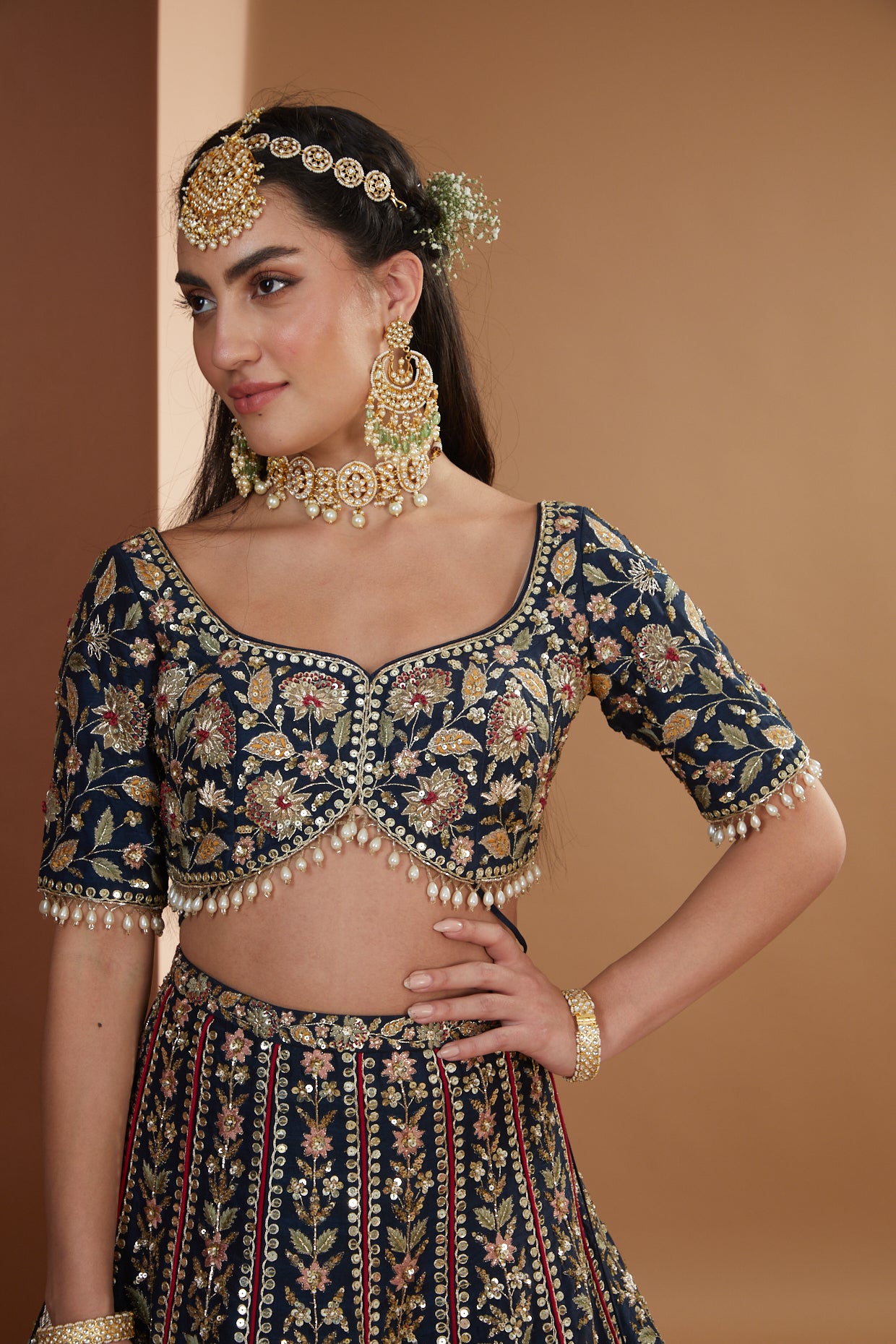 Indigo Silk Embroidered Luxurious Lehenga Set