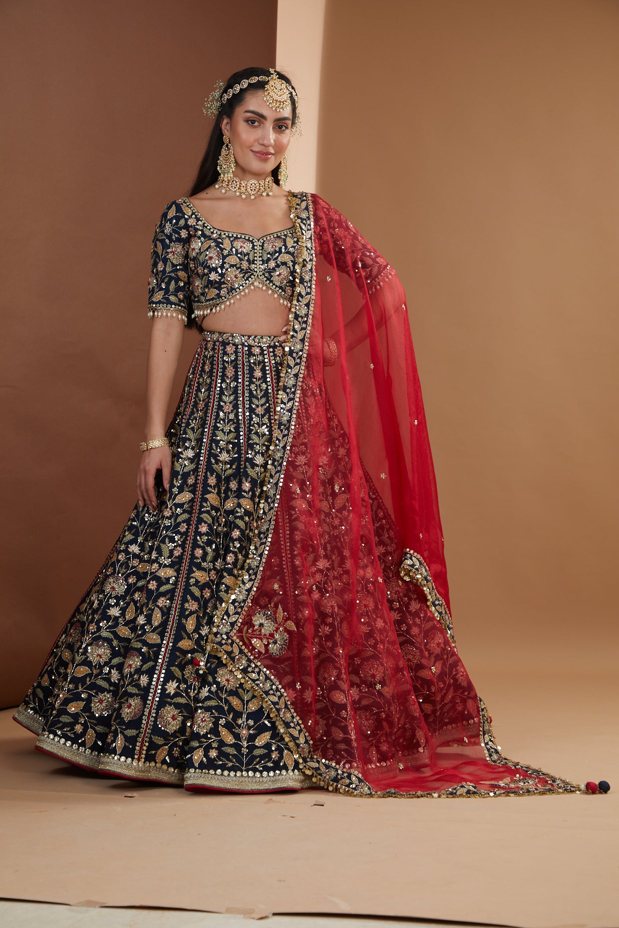 Indigo Silk Embroidered Luxurious Lehenga Set