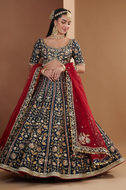 Indigo Silk Embroidered Luxurious Lehenga Set