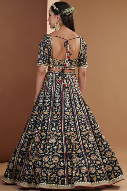 Indigo Silk Embroidered Luxurious Lehenga Set