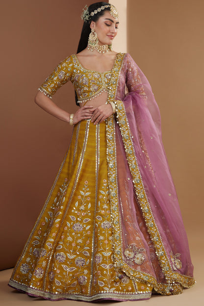 Mustard Silk Embroidered Luxurious Lehenga Set