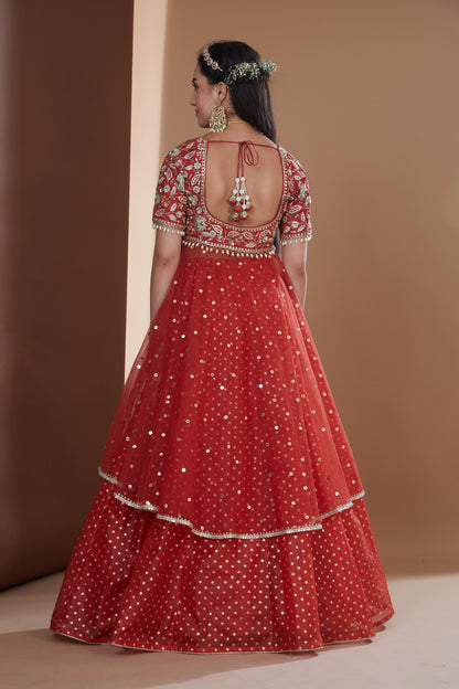 Rust Silk Embroidered Peplum Lehenga Set