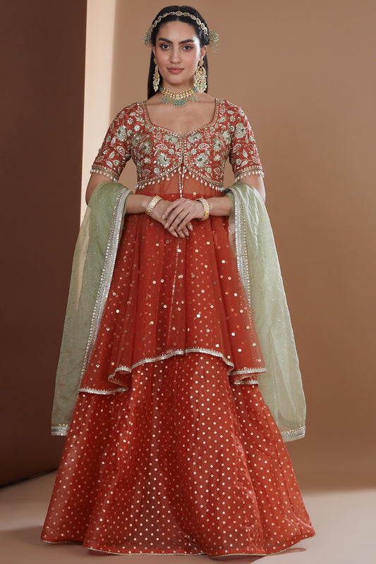 Rust Silk Embroidered Peplum Lehenga Set