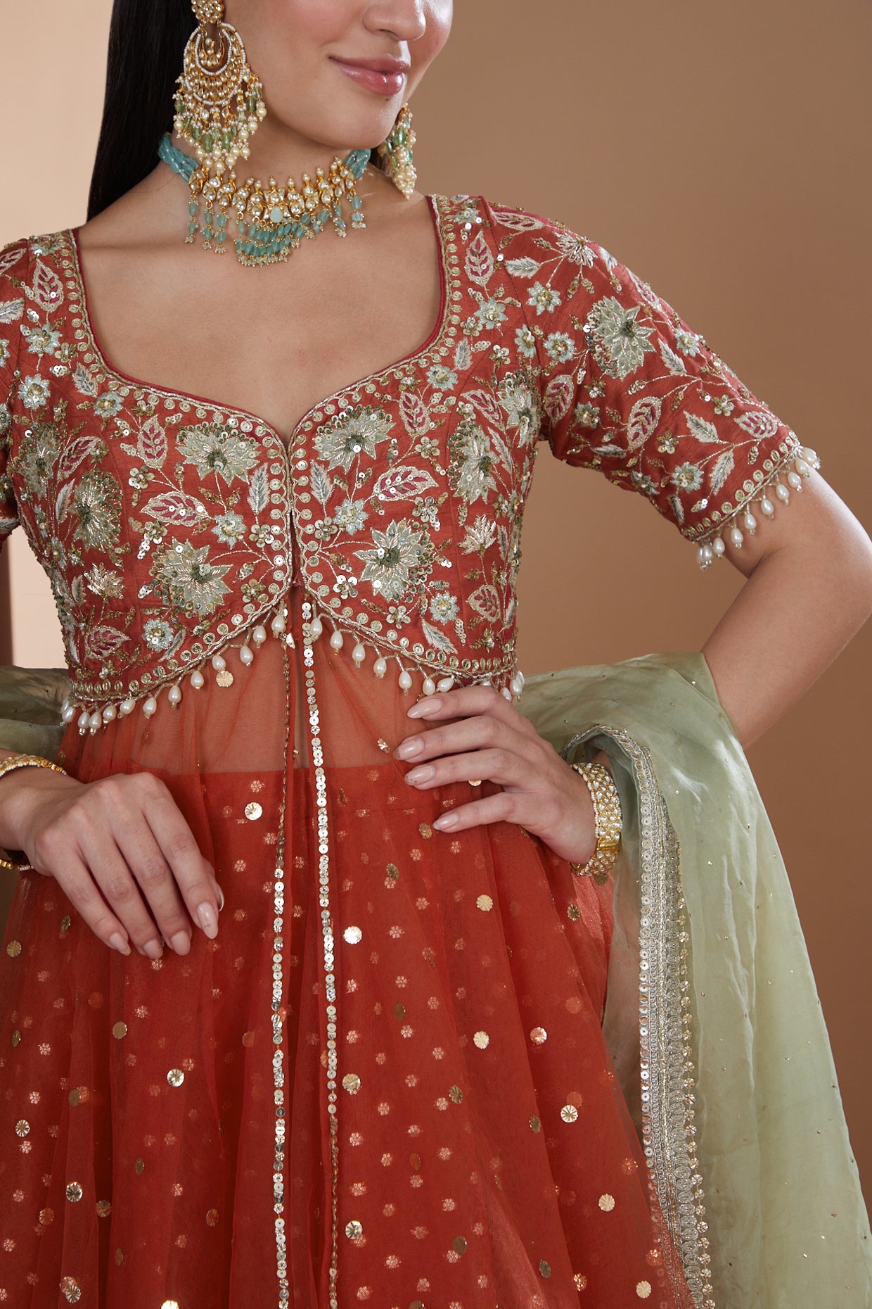 Rust Silk Embroidered Peplum Lehenga Set