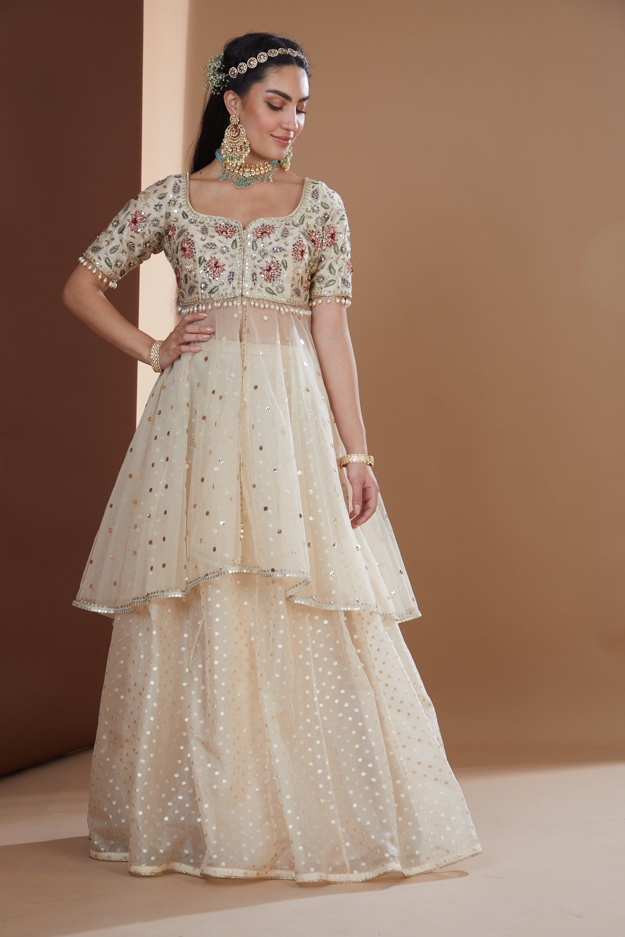 Ecru Silk Embroidered Peplum Lehenga Set