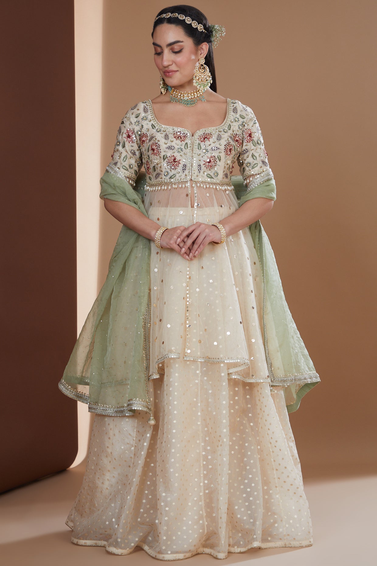 Ecru Silk Embroidered Peplum Lehenga Set