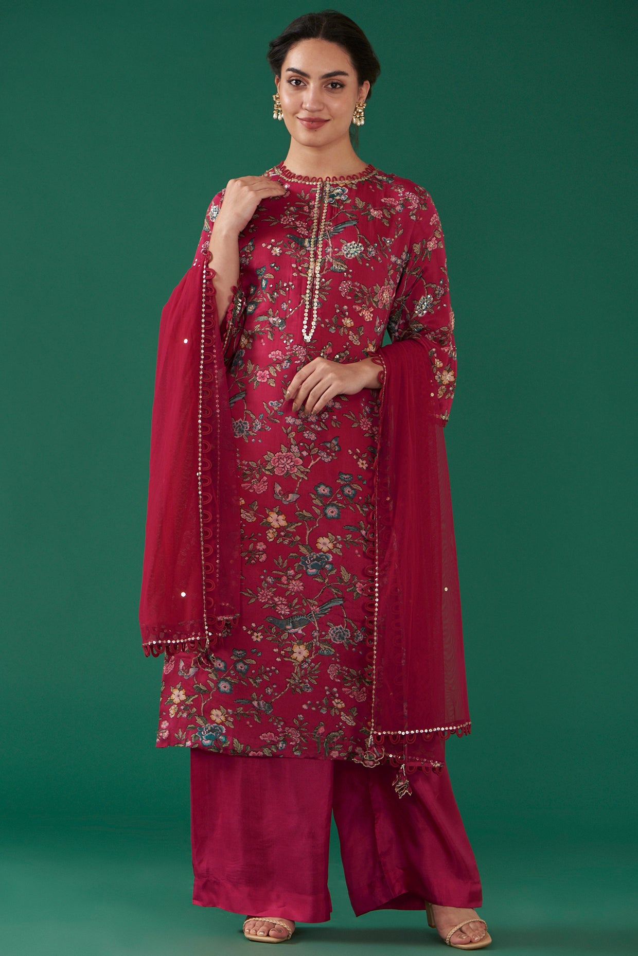 Cherry Chiffon Printed & Embroidered Straight Kurta Set