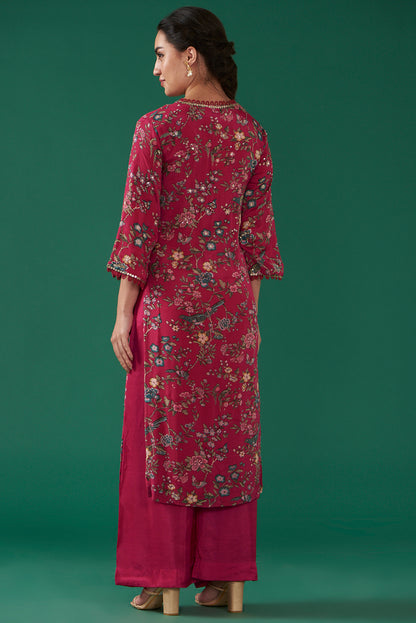 Cherry Chiffon Printed & Embroidered Straight Kurta Set