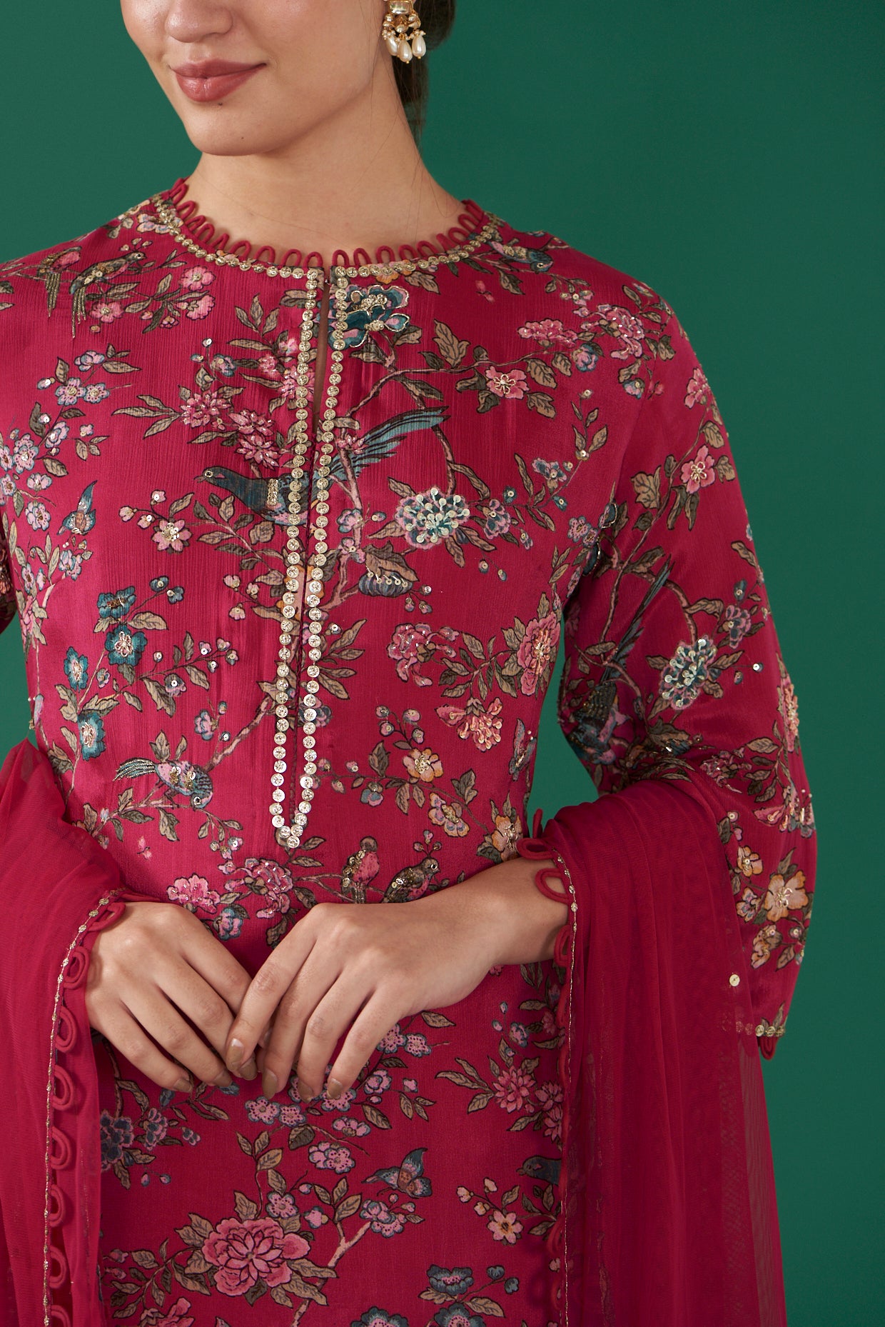 Cherry Chiffon Printed & Embroidered Straight Kurta Set