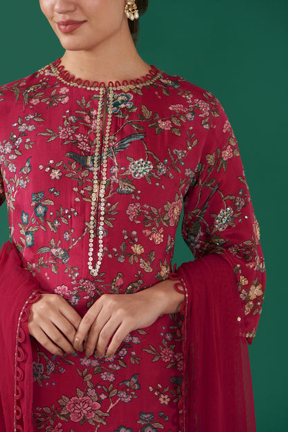 Cherry Chiffon Printed & Embroidered Straight Kurta Set