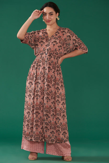 Rose Pink Chiffon Floral Printed Kaftan Set