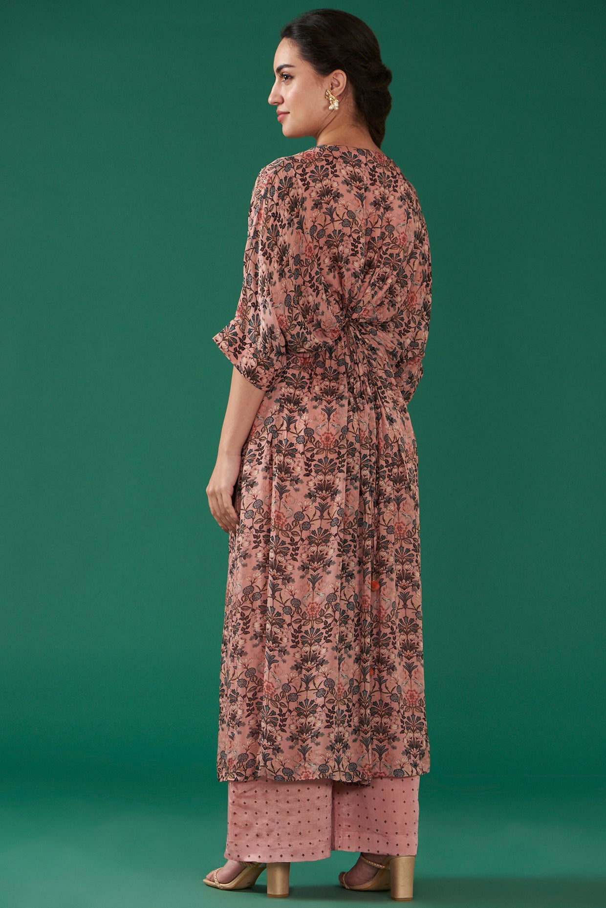 Rose Pink Chiffon Floral Printed Kaftan Set