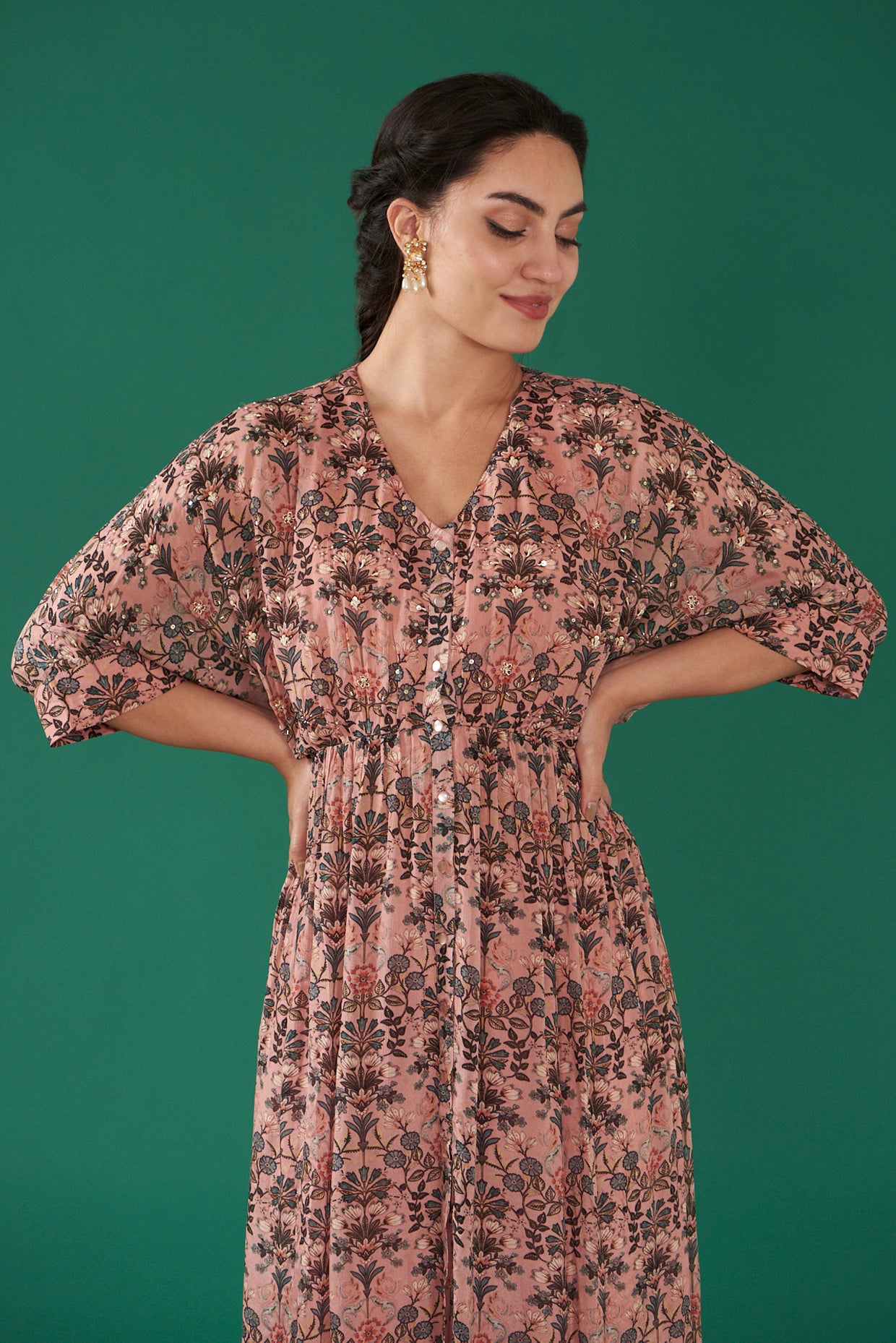 Rose Pink Chiffon Floral Printed Kaftan Set