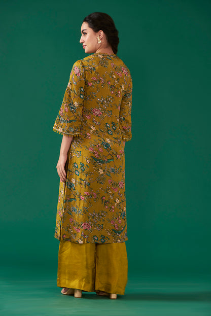 Olive Chiffon Printed & Embroidered Straight Kurta Set