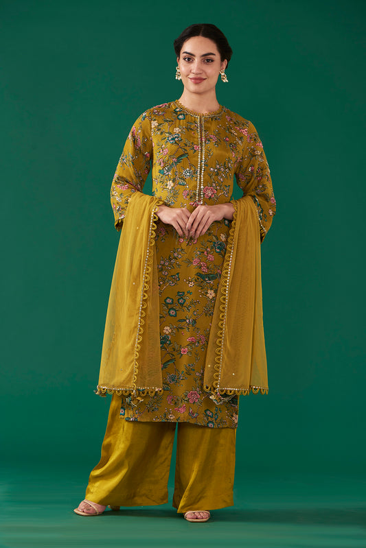 Olive Chiffon Printed & Embroidered Straight Kurta Set