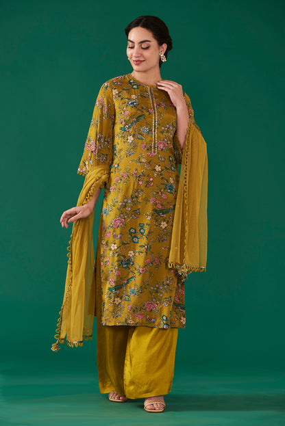 Olive Chiffon Printed & Embroidered Straight Kurta Set