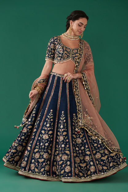 Indigo Silk Embroidered Luxurious Floral Lehenga Set