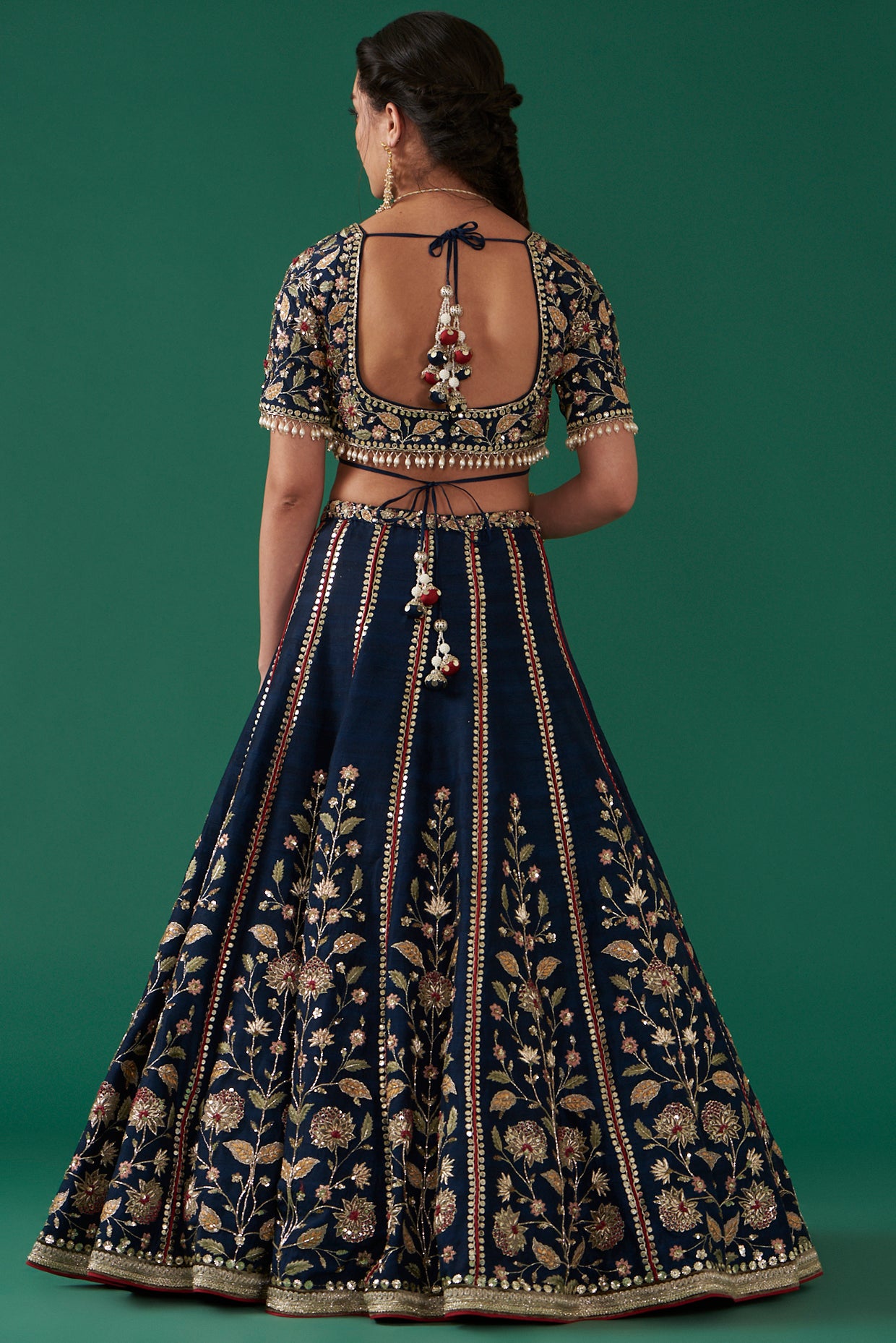 Indigo Silk Embroidered Luxurious Floral Lehenga Set