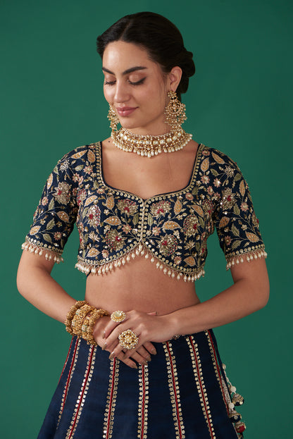 Indigo Silk Embroidered Luxurious Floral Lehenga Set