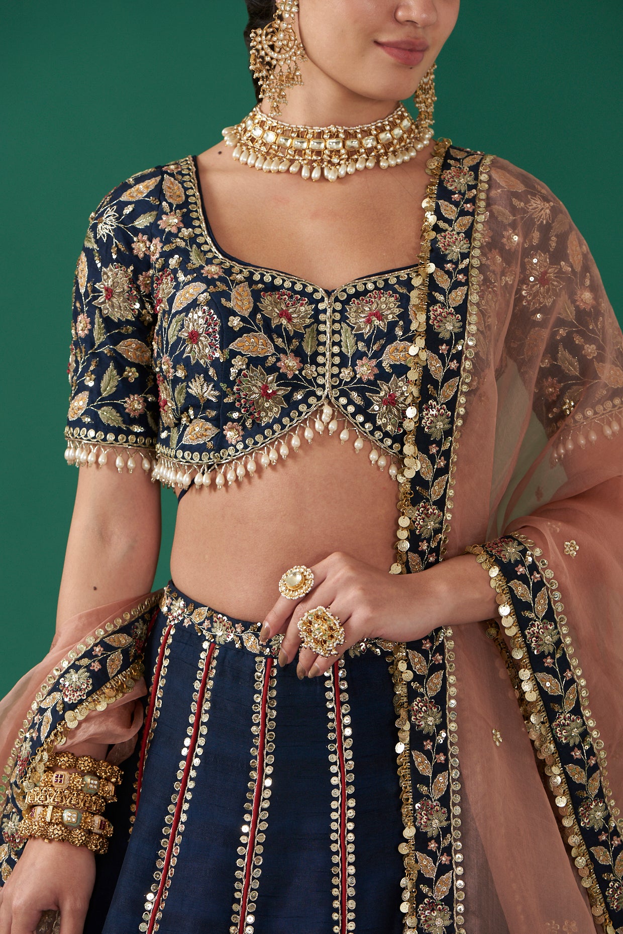 Indigo Silk Embroidered Luxurious Floral Lehenga Set