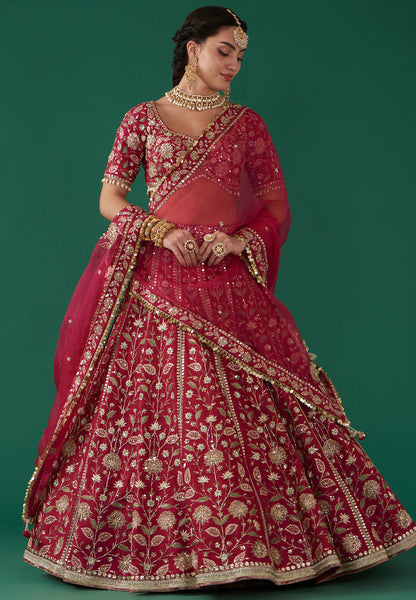 Cherry Red Silk Embroidered Luxurious Lehenga Set