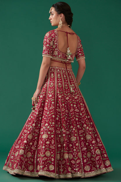 Cherry Red Silk Embroidered Luxurious Lehenga Set