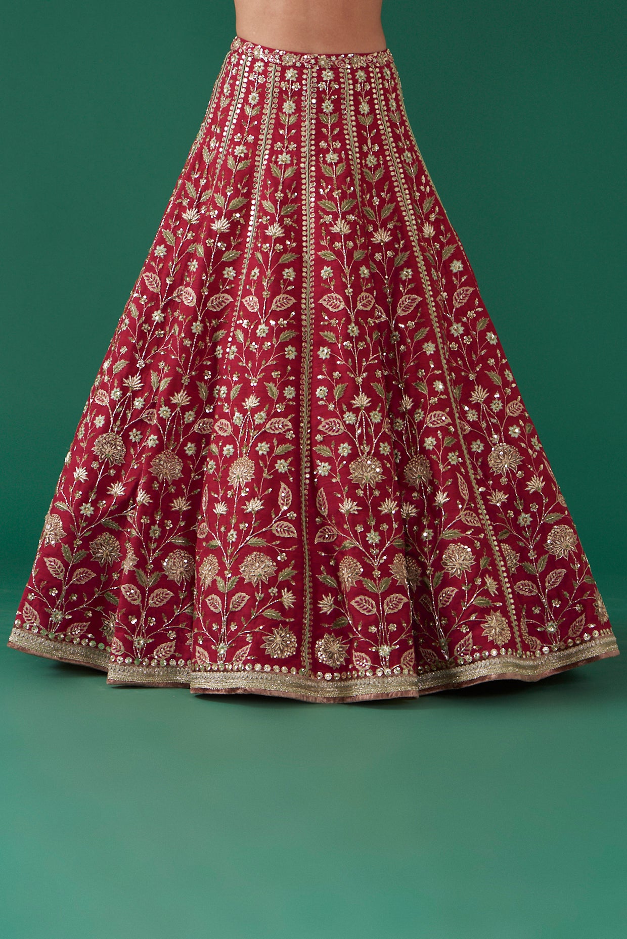 Cherry Red Silk Embroidered Luxurious Lehenga Set