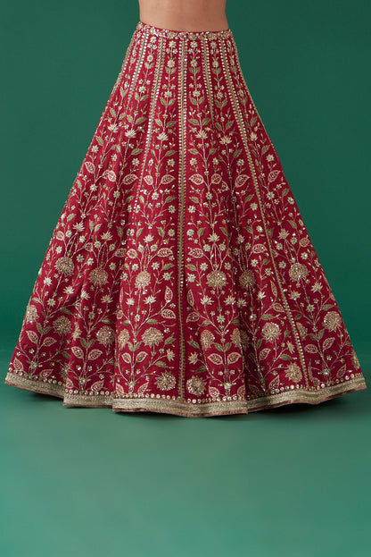 Cherry Red Silk Embroidered Luxurious Lehenga Set