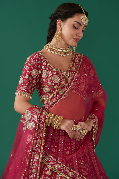 Cherry Red Silk Embroidered Luxurious Lehenga Set