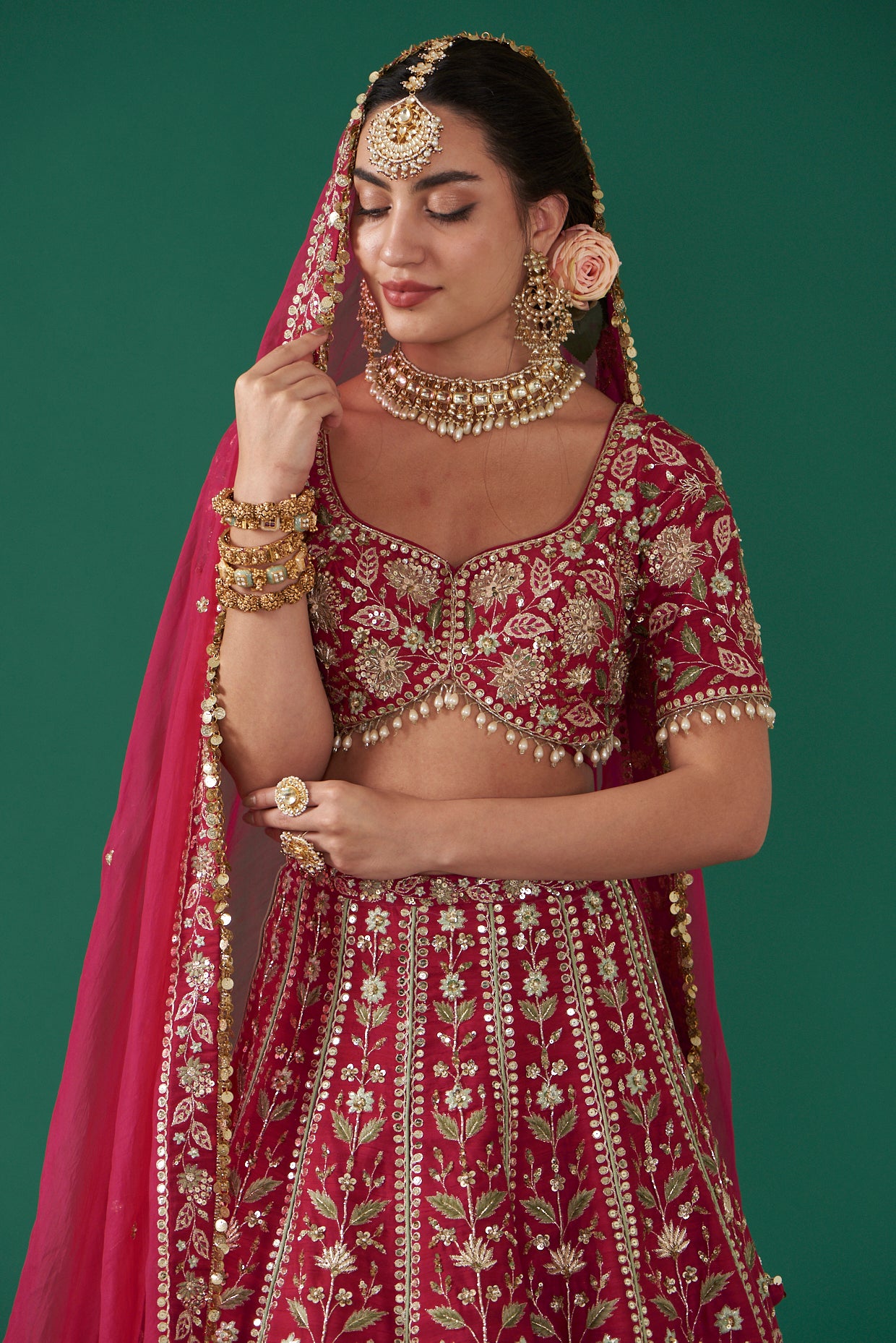 Cherry Red Silk Embroidered Luxurious Lehenga Set