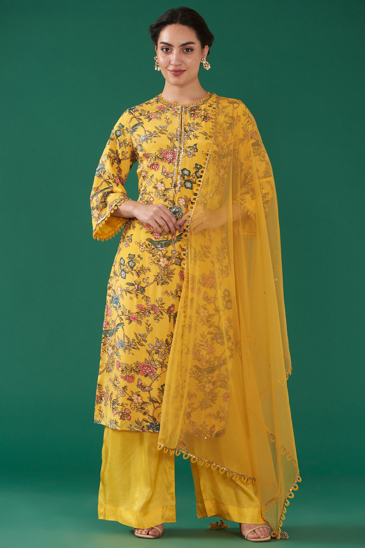 Mustard Chiffon Printed & Embroidered Straight Kurta Set