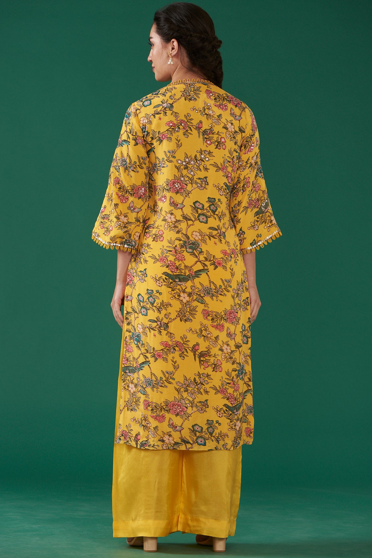 Mustard Chiffon Printed & Embroidered Straight Kurta Set