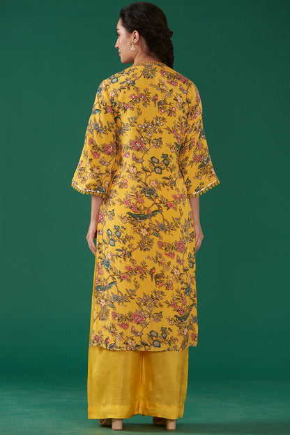 Mustard Chiffon Printed & Embroidered Straight Kurta Set