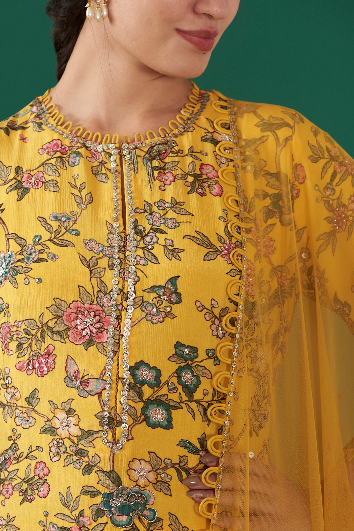 Mustard Chiffon Printed & Embroidered Straight Kurta Set