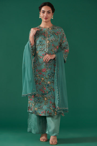 Turquoise Chiffon Printed & Embroidered Straight Kurta Set