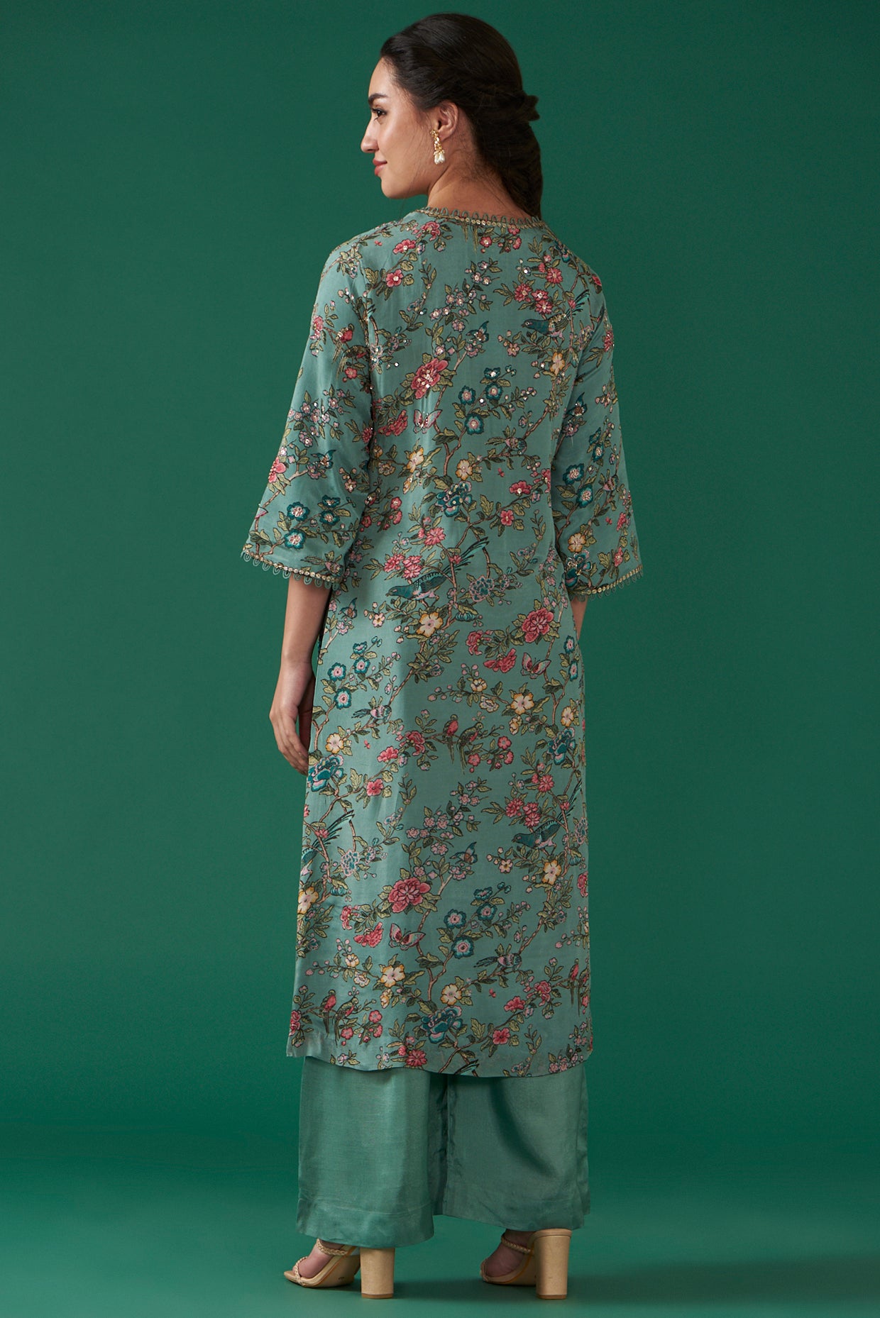 Turquoise Chiffon Printed & Embroidered Straight Kurta Set