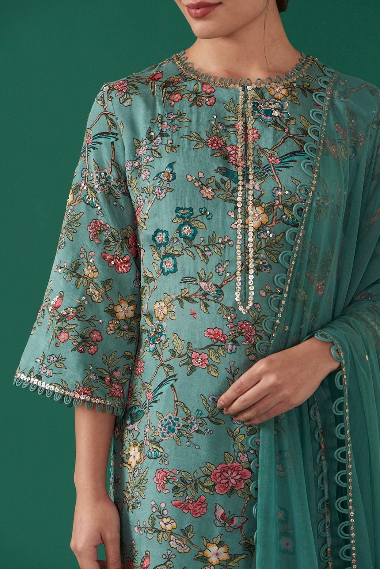 Turquoise Chiffon Printed & Embroidered Straight Kurta Set