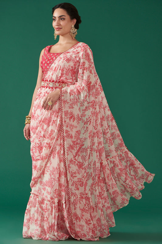 Ivory - Pink Georgette Draped Saree Set