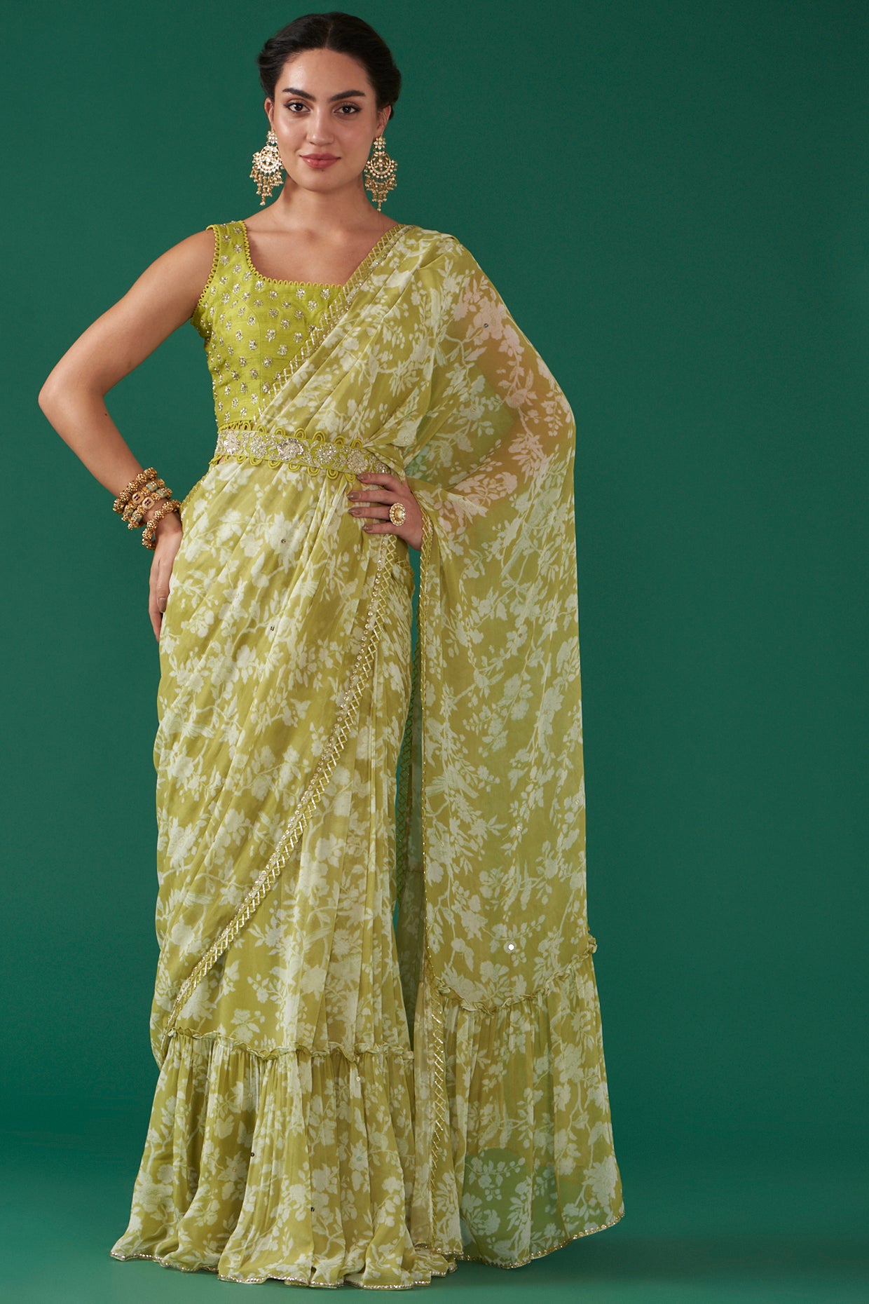 Moss Green Georgette Draped Saree Set