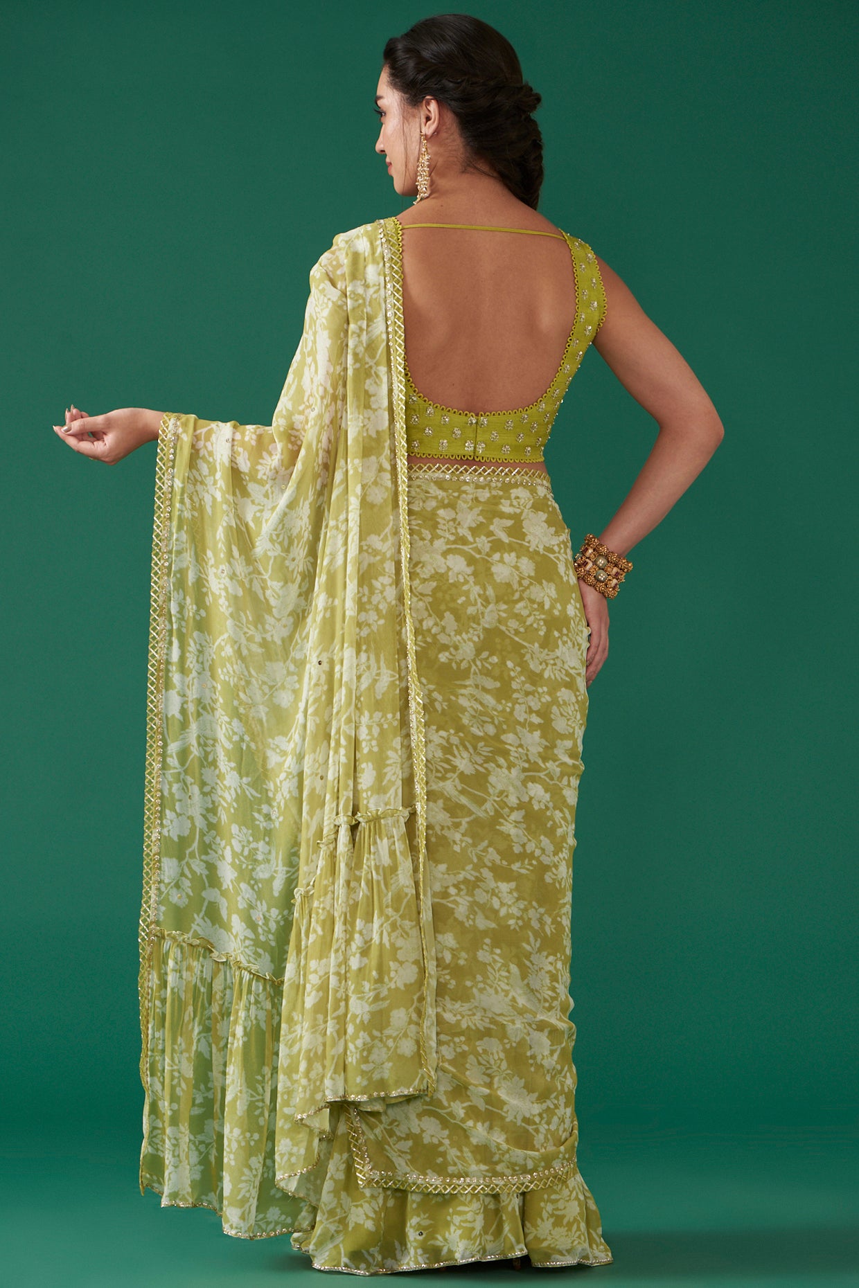 Moss Green Georgette Draped Saree Set