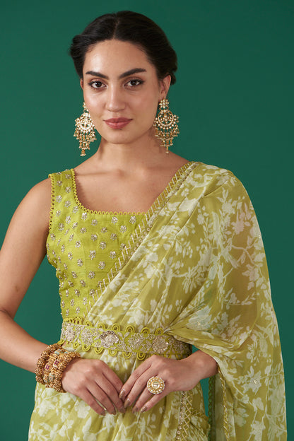 Moss Green Georgette Draped Saree Set