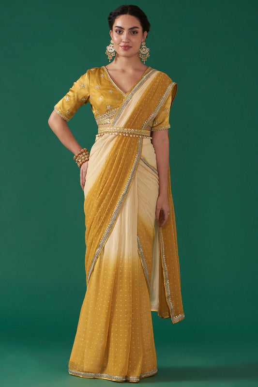 Mustard Georgette Ombré Draped Saree Set