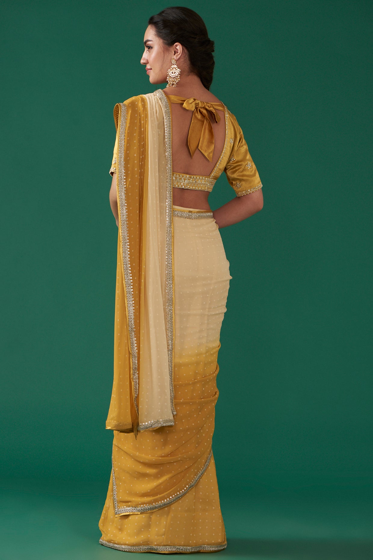 Mustard Georgette Ombré Draped Saree Set